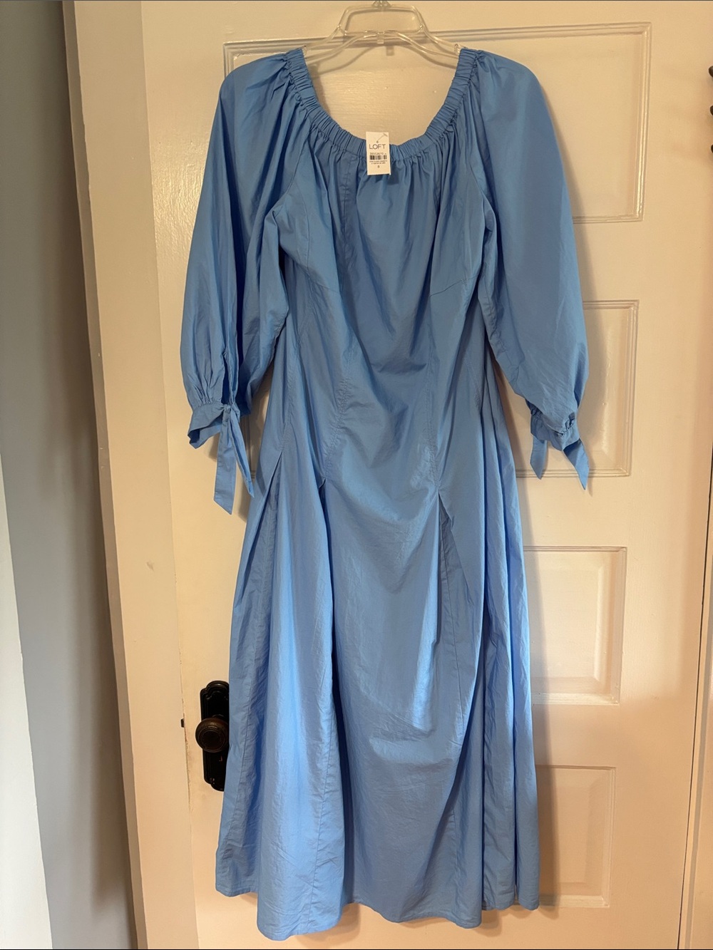 LOFT Light Blue Off-Shoulder Midi Dress with Tie Cuffs